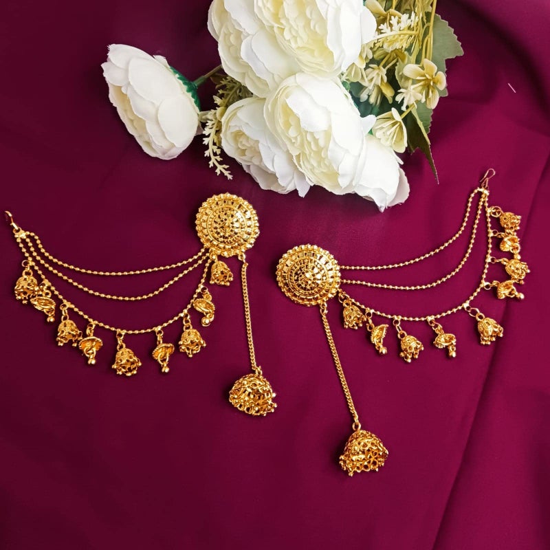 Efulgenz Indian Bollywood Jewelry 14K Gold Plated Dangling Earring with Layered Jhumka Tassels Ear Support Chain Hair Accessory Gold - Image 2